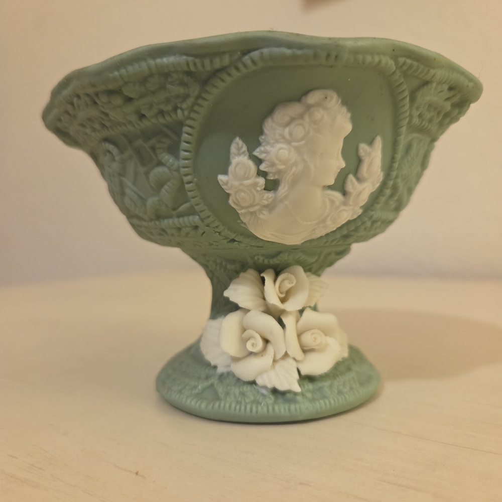Vintage Mint Green Ceramic Relief Design Vase with White Cameo and Roses Wedding